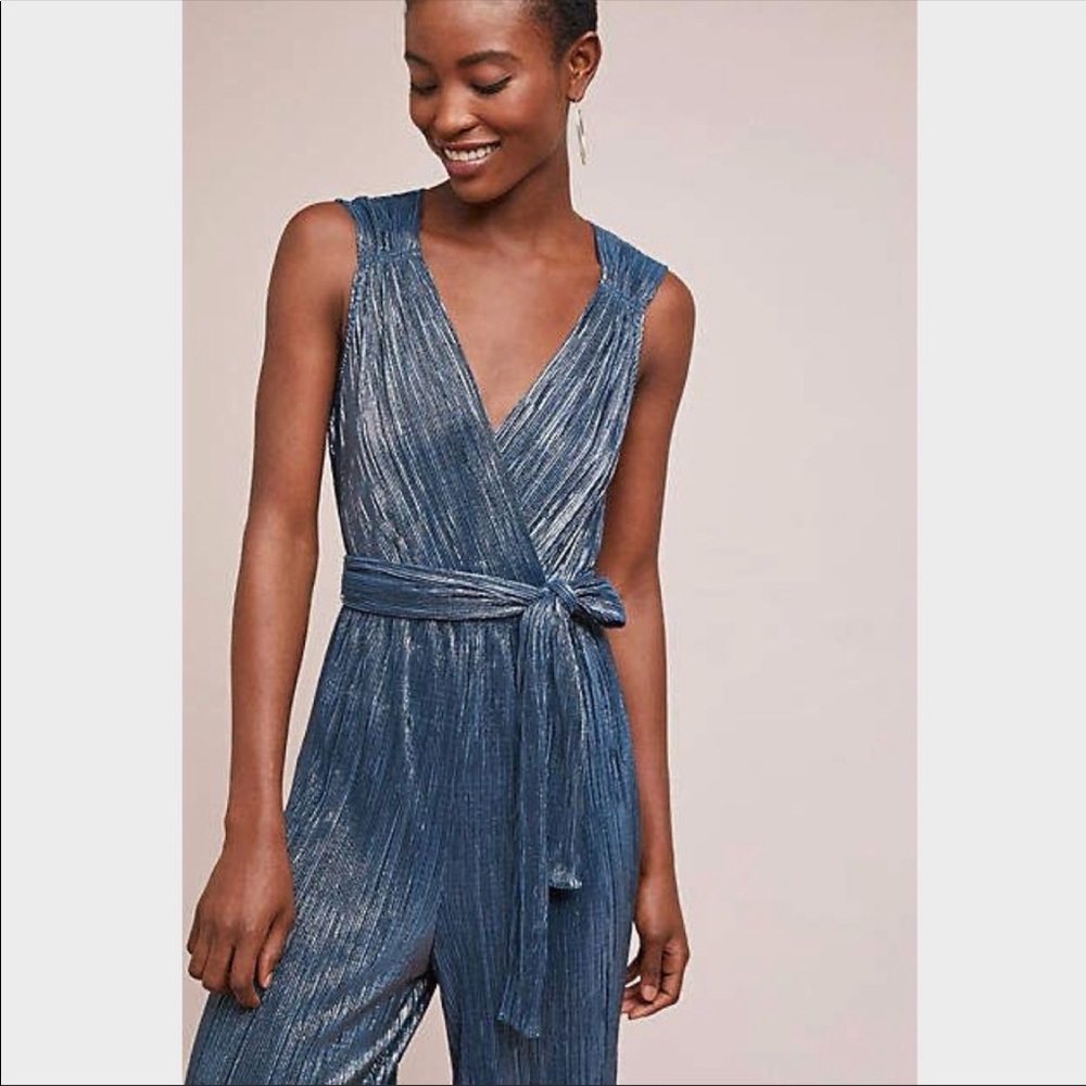 Anthropologie Vanessa Virginia Pont Neuf Jumpsuit Teal and Silver Wideleg